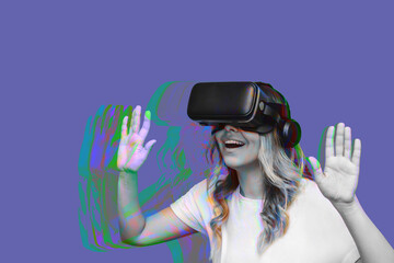 A young blonde excited woman in a white t-shirt looking into black virtual reality glasses isolated on abstract very peri color background. Trendy design in magazine style. VR gadget