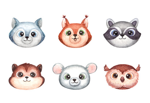 Set with faces or heads of cute animals. Woodland animals wolf, squirrel, raccoon, chipmunk, mouse, owl. Watercolor illustration in cartoon style isolated on white background.