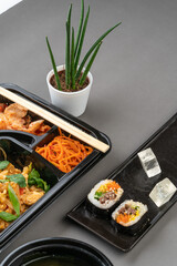 A set of Korean food in a container. Korean cuisine. Asian Lunches