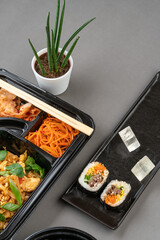 A set of Korean food in a container. Korean cuisine. Asian Lunches