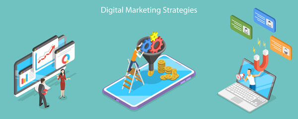 3D Isometric Flat Vector Conceptual Illustration of Digital Marketing Strategies, Customer Retention and Lead Generation Campaign