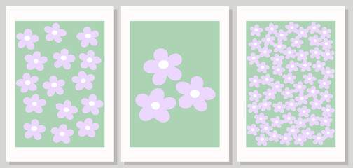 Abstract retro aesthetic backgrounds set with groovy daisy flowers. Vintage floral mid century art. Flower market print. Hippie 60s, 70s, 80s style. Danish pastel wall art. Flower power posters set.