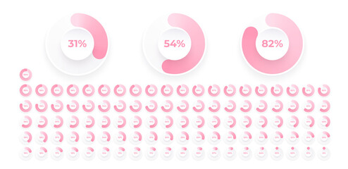 Loading indicator. Progress bar. Percentage meter. UI, User interface. Loading symbol. Download process. Circle icons set. Minimalistic 3d template. Realistic modern design. Vector illustration.