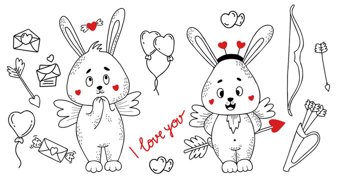 Set with pair of cute cupid bunnies with wings, with hearts and love letters, balloon and bow with arrows. Vector illustration in hand drawn linear doodle style. Funny animal for design and decoration
