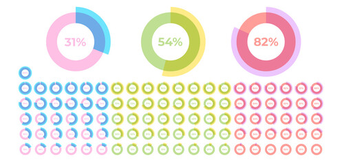 Loading indicator. Progress bar. Percentage meter. UI, User interface. Loading symbol. Download process. Circle icons set. Minimalistic 3d template. Realistic modern design. Vector illustration.