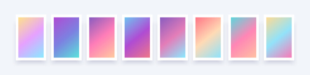 Gradient background set. Soft color. Bright colorful colors. Simple modern screen design. Sunset and sunrise sky colors. Blue, purple, orange, pink, yellow. Vibrant style template. Vector illustration