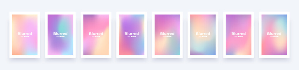 Fototapeta premium Gradient background set. Soft color. Bright colorful colors. Simple modern screen design. Sunset and sunrise sky colors. Blue, purple, orange, pink, yellow. Vibrant style template. Vector illustration