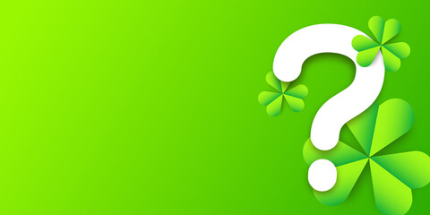 Vector realistic isolated St. Patrick's Day Quiz background with clovers and question mark on the green background. - obrazy, fototapety, plakaty
