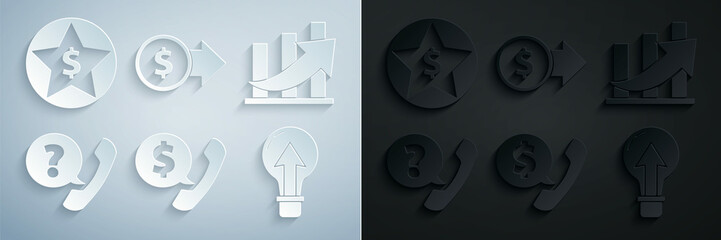 Set Telephone handset and speech bubble chat, Financial growth coin, Light bulb, Coin money with dollar symbol and Star icon. Vector