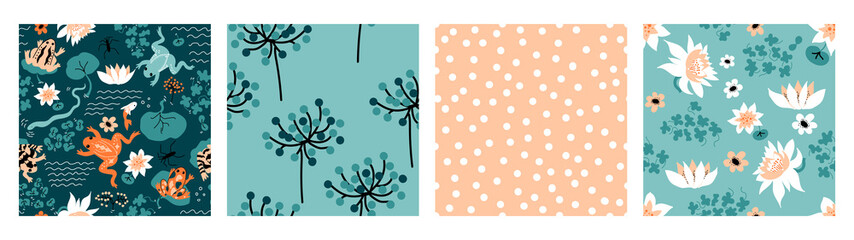 Frog Pattern. Set of vector backgrounds with snake, water striders, leaves, flowers, lotus, Water Lillies, dots.  Perfect for cards, wrapping paper, printing on the fabric, design package and cover