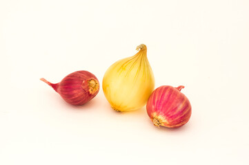 Onion and shallots on white background.