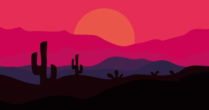 animated cactus desert mountains background with pink theme