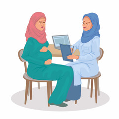 Pregnant muslim woman visiting doctor dressed in a hijab. Cartoon vector illustration medical checkup healthy during pregnancy. Motherhood Arabic and Islam Concept.