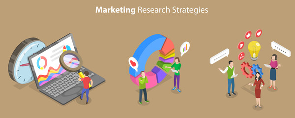 3D Isometric Flat Vector Conceptual Illustration of Marketing Research Strategies, Customer Relationship Management