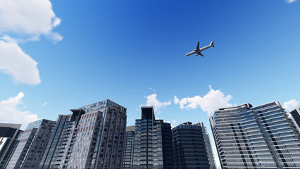 Fototapeta na wymiar Airplane flying above office buildings, 3D Illustration
