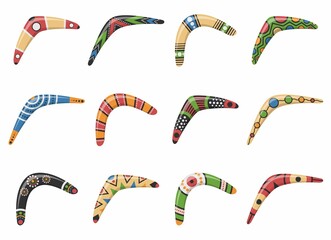 Traditional wooden boomerang of different shapes icons set isolated on white background. Australian native hunting and sport weapon. Aboriginal wooden boomerangs. Vector illustration - obrazy, fototapety, plakaty