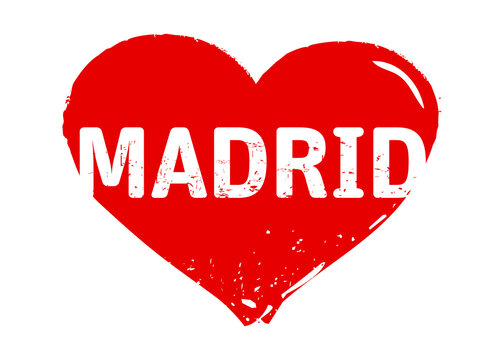 I love Madrid. Red stamp and valentine card. Vector Illustration of a heart. 