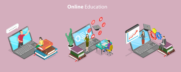 3D Isometric Flat Vector Conceptual Illustration of Online Education, Internet Courses and Hybrid Learning