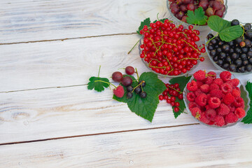 Raspberries, red currants, gooseberries, black currants in glass plates on a rustic white wooden table