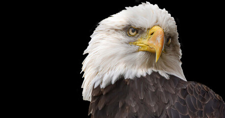 Bald Eagle headshot on a black background with room for text.