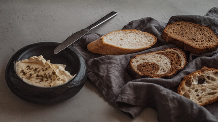 Fresh sliced bread with a bowl of butter