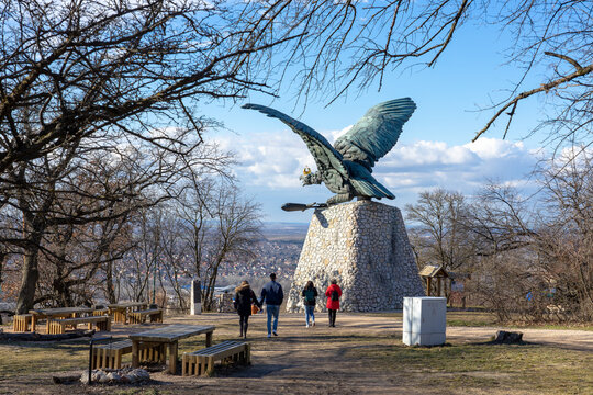 turul bird in Tatabanya Hungary with tourist people
