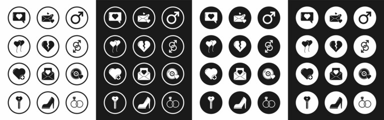 Set Male gender symbol, Broken heart or divorce, Balloons in form of, Like and, Envelope with, Romantic music and Heart icon. Vector