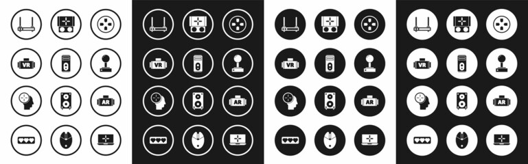 Set Gamepad, Computer, Virtual reality glasses, Router and wi-fi signal, Joystick for arcade machine, Portable video game console, Ar, augmented and Head hunting concept icon. Vector