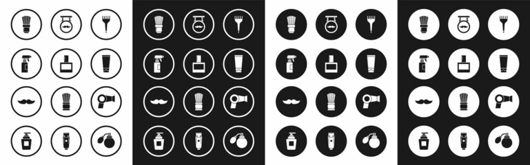 Set Hairbrush, Aftershave, Hairdresser pistol spray bottle, Shaving, Cream or lotion cosmetic tube, Barbershop, dryer and Mustache icon. Vector