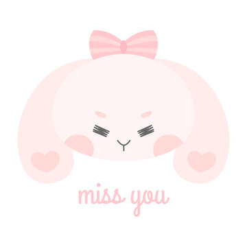 Cute card with little pink rabbit portrait. Charming animal cartoon character in simple hand-drawn Scandinavian style. Perfect for postcard, room posters, kids t-shirts. Vector illustration isolated