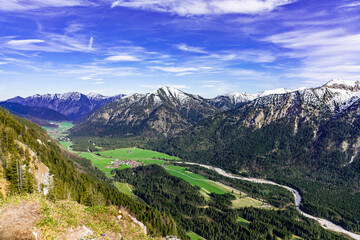 Fototapeta premium Panoramic view on a mountain valley in Bavaria Oberbayern