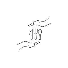 Present, charity, giving concept. Outline monochrome symbols drawn in flat style. Suitable for articles, advertisements, books etc. Line icon of knife, fork and spoon between outstretched hands