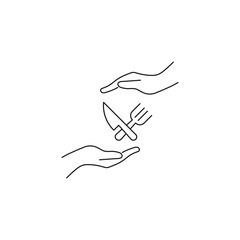 Present, charity, giving concept. Outline monochrome symbols drawn in flat style. Suitable for articles, advertisements, books etc. Line icon of crossed knife and spoon between outstretched hands