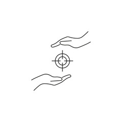 Present, charity, giving concept. Outline monochrome symbols drawn in flat style. Suitable for articles, advertisements, books etc. Line icon of sniper target between outstretched hands