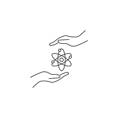 Present, charity, giving concept. Outline monochrome symbols drawn in flat style. Suitable for articles, advertisements, books etc. Line icon of chemical compound between outstretched hands