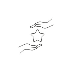 Present, charity, giving concept. Outline monochrome symbols drawn in flat style. Suitable for articles, advertisements, books etc. Line icon of star between outstretched hands