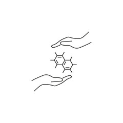 Present, charity, giving concept. Outline monochrome symbols drawn in flat style. Suitable for articles, advertisements, books etc. Line icon of chemical compound between outstretched hands