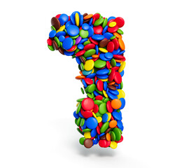 Letter 1 Digit of multicolored rainbow candies Festive isolated on white background 3d illustration