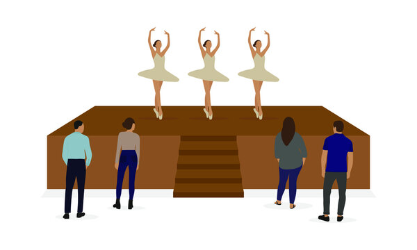 A group of female and male characters look at three ballerinas dancing on stage on a white background