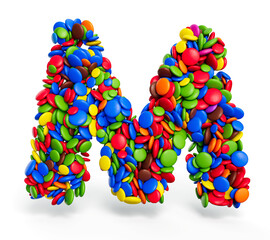Letter M of multicolored rainbow candies Festive isolated on white background 3d illustration