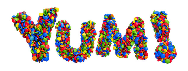 Word Yum of multicolored rainbow candies Festive isolated on white background 3d illustration