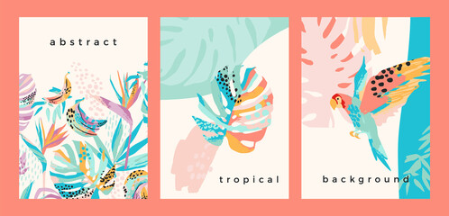 Collection of art backgrounds with abstract tropical nature. Modern design