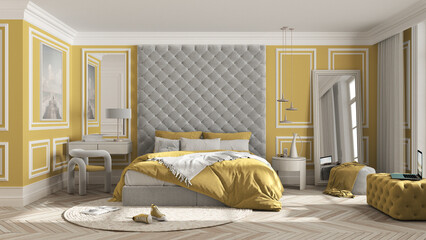 Classic bedroom in yellow tones with modern furniture, parquet, velvet double bed, side tables, chair and pouf, mirror and pendant lamp, round carpet and decors. Interior design idea