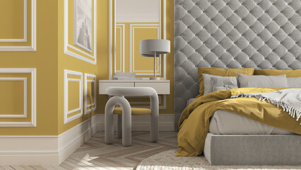 Classic bedroom in yellow tones with modern furniture, close up, parquet, velvet double bed with pillows, side table with chair and lamp, round carpet and decors. Interior design idea