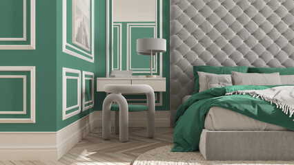 Classic bedroom in turquoise tones with modern furniture, close up, parquet, velvet double bed with pillows, table with chair and lamp, round carpet and decors. Interior design idea