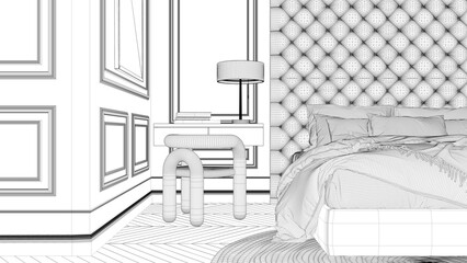 Blueprint project draft, classic bedroom with modern furniture, close up, parquet, velvet double bed with pillows, table with chair and lamp, carpet and decors. Interior design idea