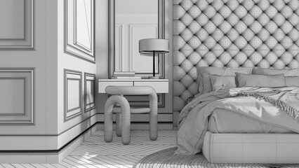 Unfinished project draft, classic bedroom with modern furniture, close up, parquet, velvet double bed with pillows, table with chair and lamp, carpet and decors. Interior design idea