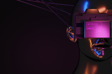 metaverse vr world simulation gaming cyberpunk style, digital robot ai, 3d illustration rendering, virtual reality device