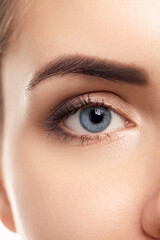 Female Eye with  Long Eyelashes. Eyelash Extensions. Makeup, Cosmetics, Beauty. Close up, Macro