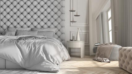 Architect interior designer concept: hand-drawn draft unfinished project that becomes real, classic bedroom close up, parquet, bed with pillows, side table, lamp, carpet and mirror